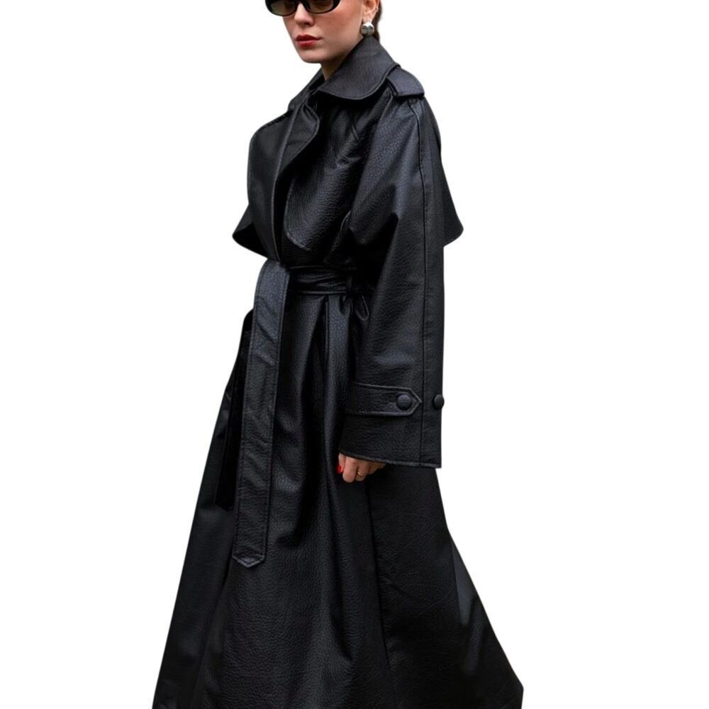 Black Trench Coat Faux Leather - Picture 6 of 12